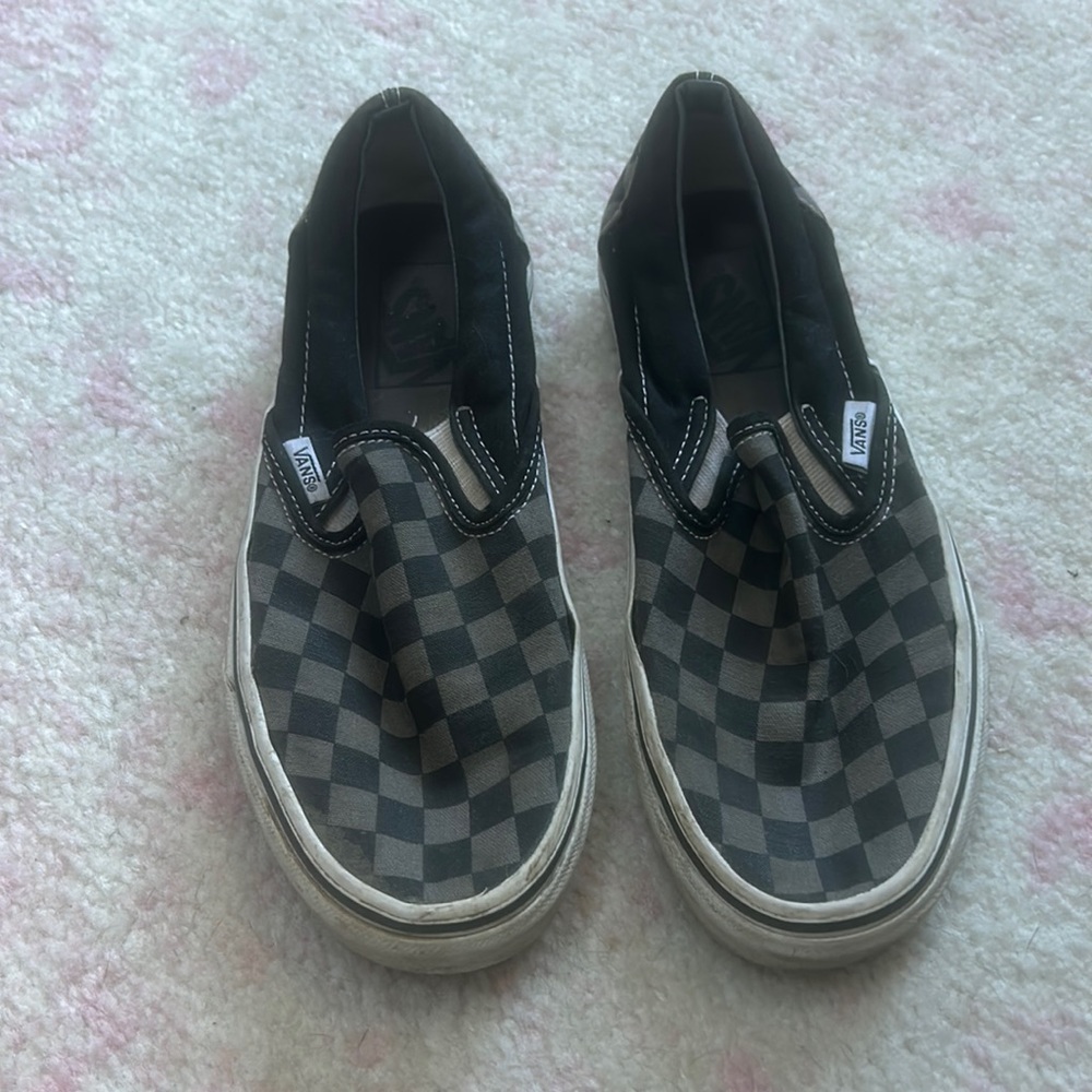 Black and grey checkered vans slip on shoes size 7